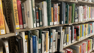 Non-fiction books on library shelves